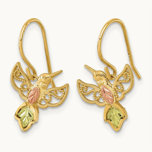 w/12k Accents Black Hills Gold Hummingbird Shepherd Hook Earrings, 10K