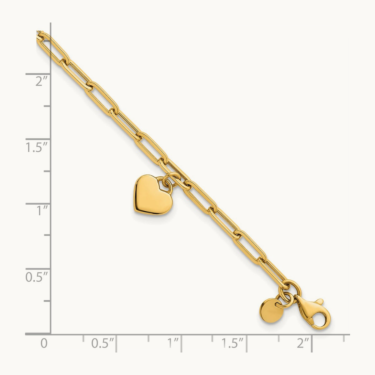 Polished Dangle Heart 7.25in Paperclip Bracelet, 14K