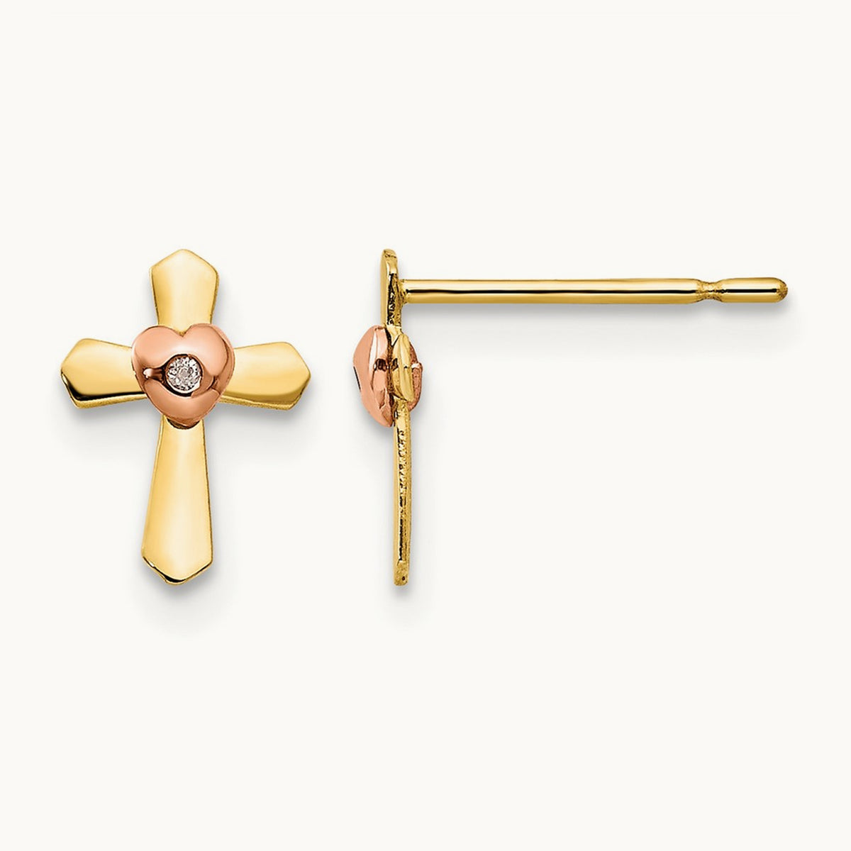 & Rose Gold Madi K Children's Cross Heart Post Earrings, 14K Yellow