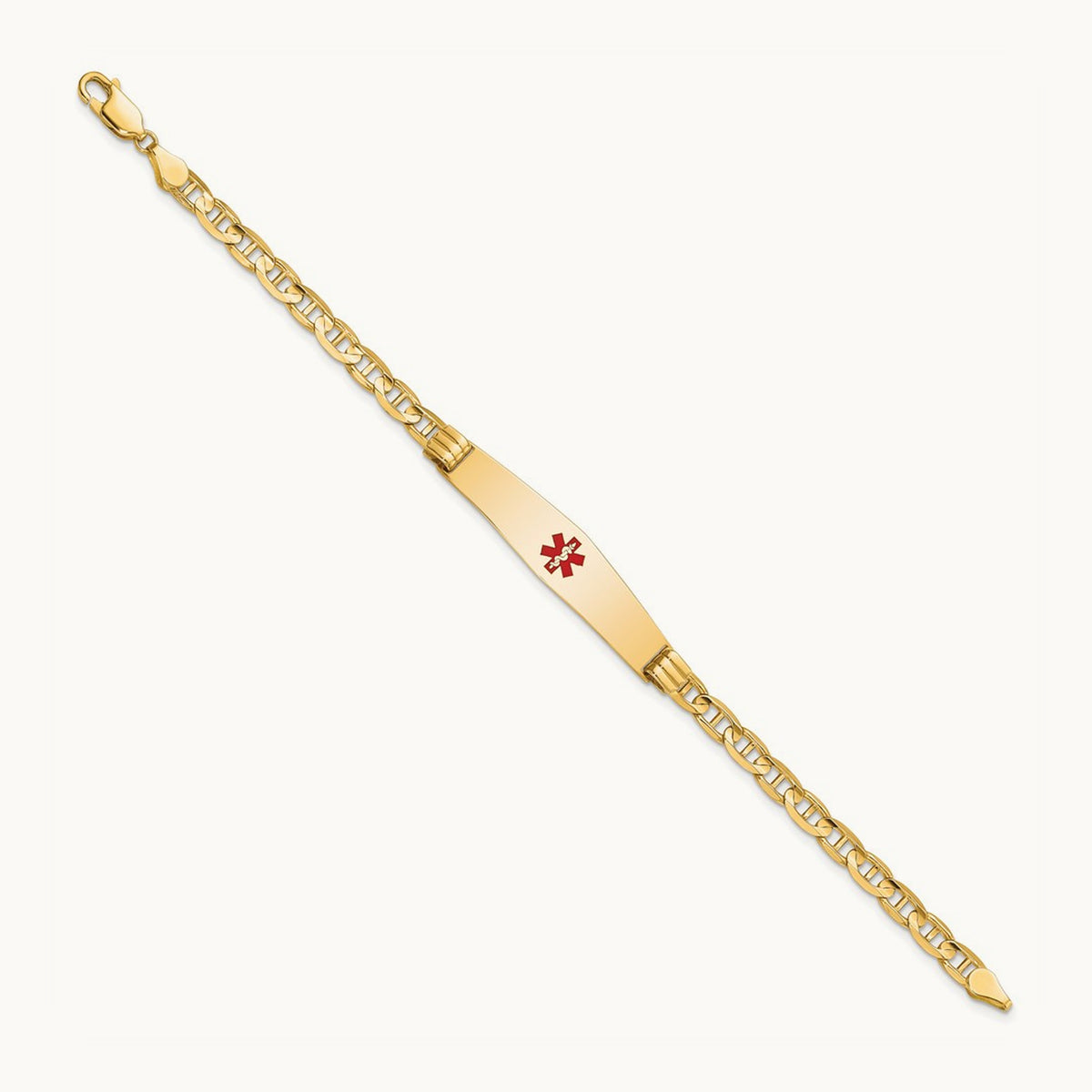 Medical Soft Diamond Shape Red Enamel Anchor Link ID Bracelet, 14K