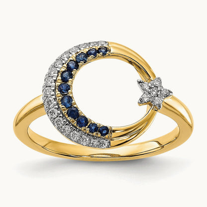 Polished Sapphire and Diamond Moon w/Star Ring, 14K