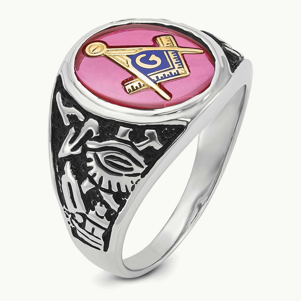Men's Antiqued & Textured with Lab Created Ruby Masonic Ring — 14K White Gold