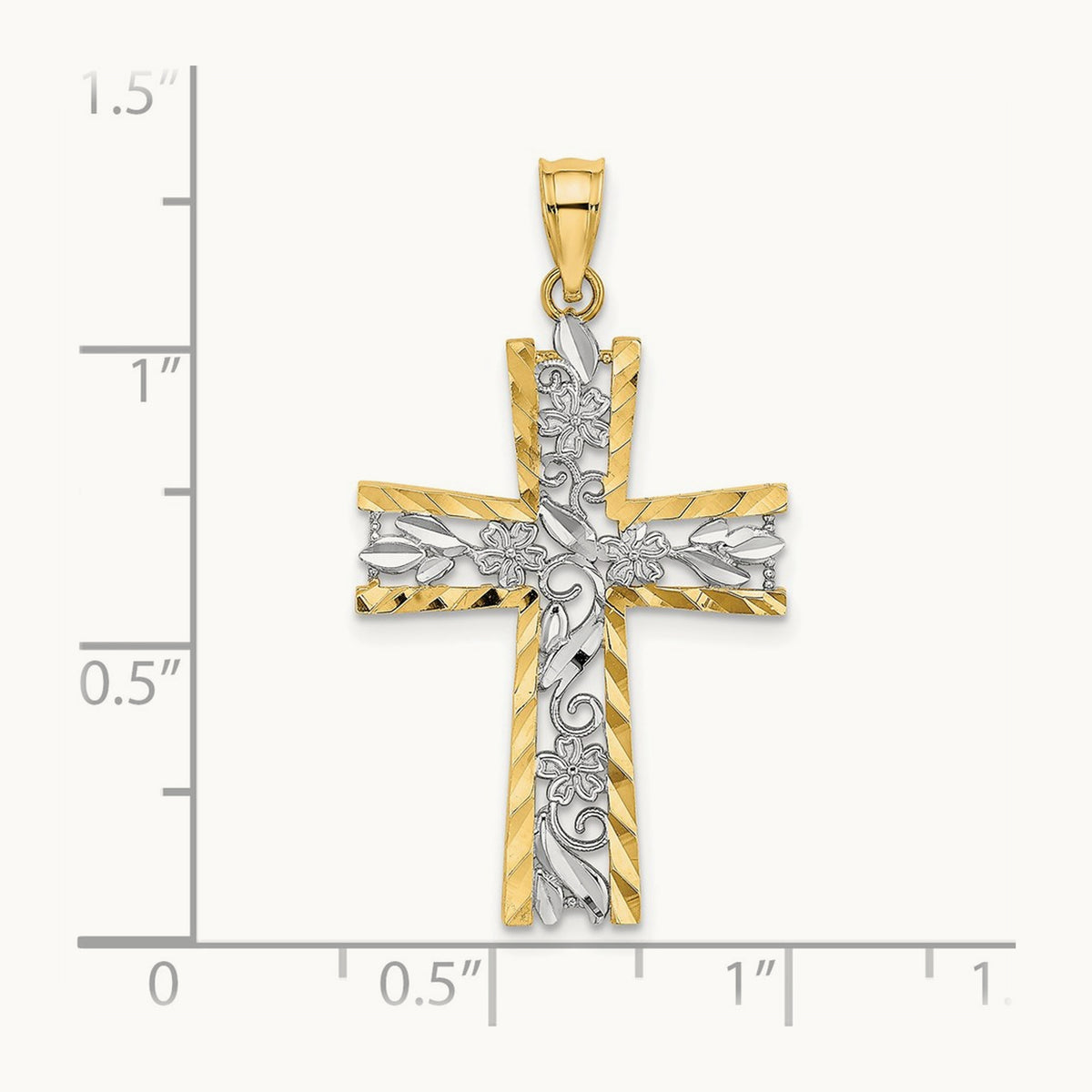 W/ Rhodium and D/C Flower Design Cross Charm, 14K