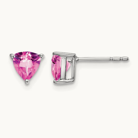 Trillion Created Pink Sapphire Earrings, 14K White Gold