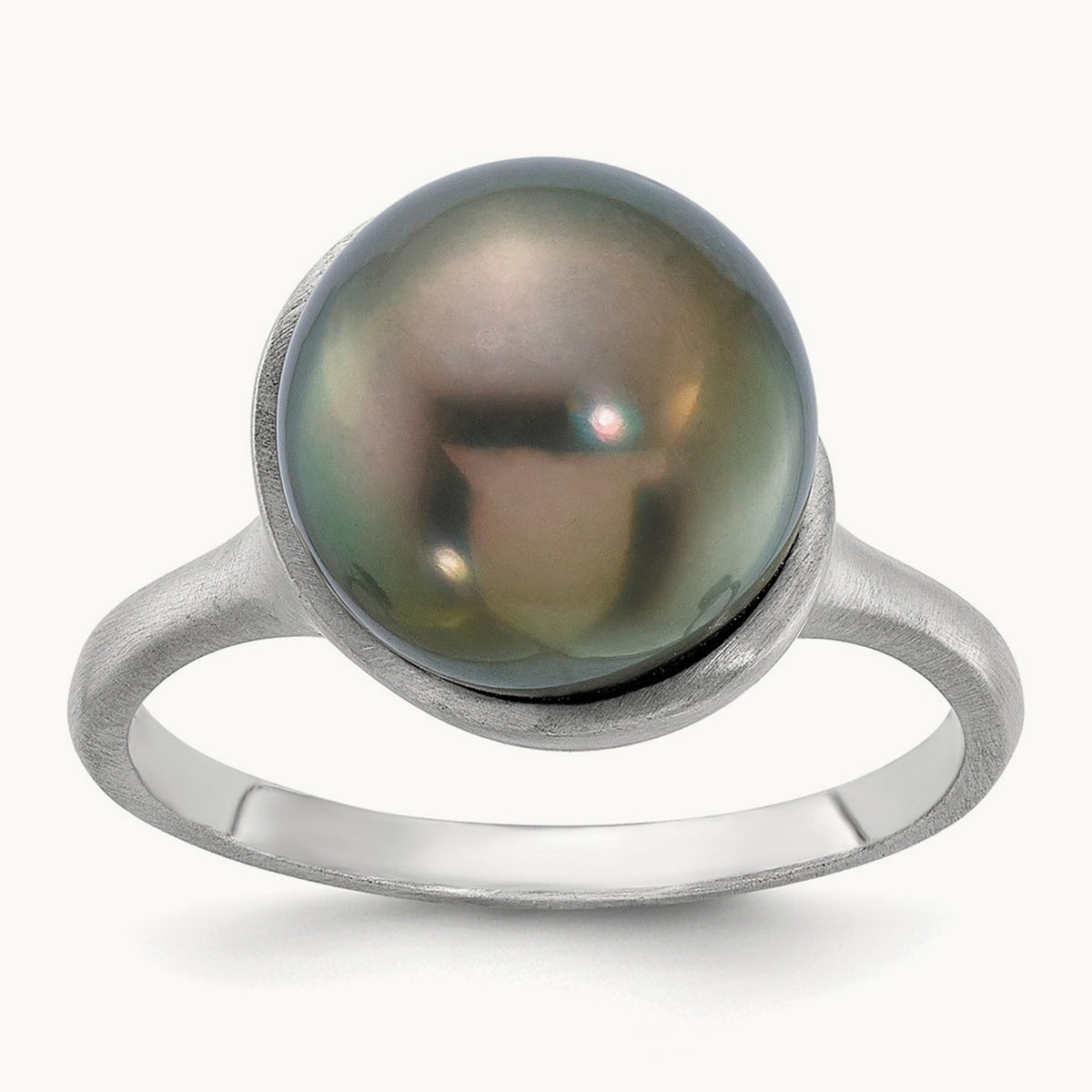 Brushed 10- Round Black Tahitian Pearl Ring, 11mm, 14K White Gold
