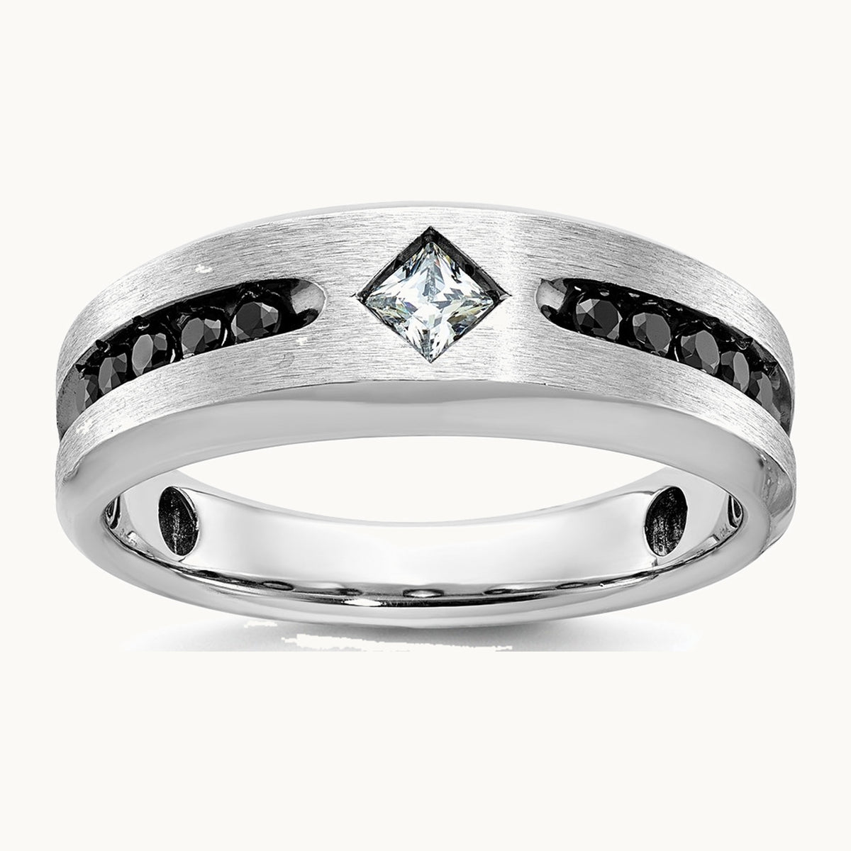 IBGoodman 14K White Gold with Black Rhodium Polished Satin and Grooved 1/2 Carat AA Quality Black and White Diamond Ring