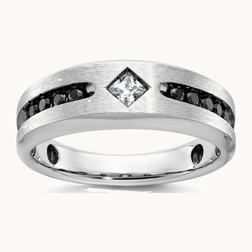 IBGoodman 14K White Gold with Black Rhodium Polished Satin and Grooved 1/2 Carat AA Quality Black and White Diamond Ring
