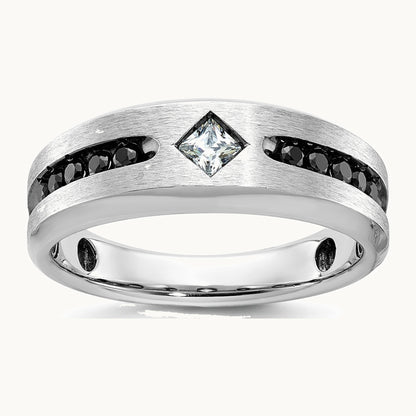 IBGoodman 14K White Gold with Black Rhodium Polished Satin and Grooved 1/2 Carat AA Quality Black and White Diamond Ring