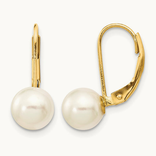 7- White Round Saltwater Akoya Cultured Pearl Leverback Earrings, 8mm, 14K