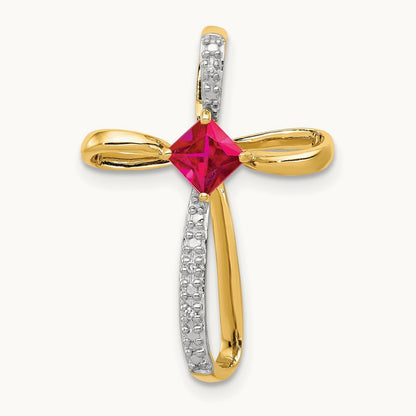 Lab Created Ruby and Diamond Cross Slide, 14K with Rhodium