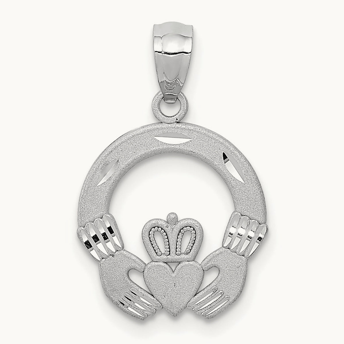 Solid D/C Claddagh Pendant, 14K White Gold