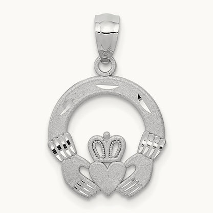 Solid D/C Claddagh Pendant, 14K White Gold