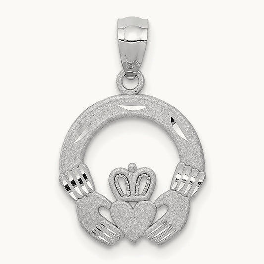 Solid D/C Claddagh Pendant, 14K White Gold