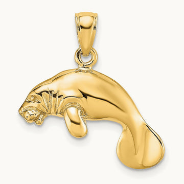 3-D Polished Swimming Manatee Charm — 14K Yellow Gold