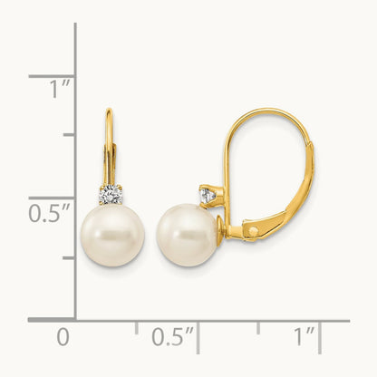 6- White Round FW Cultured Pearl AA Diamond Leverback Earrings, 7mm, 14K