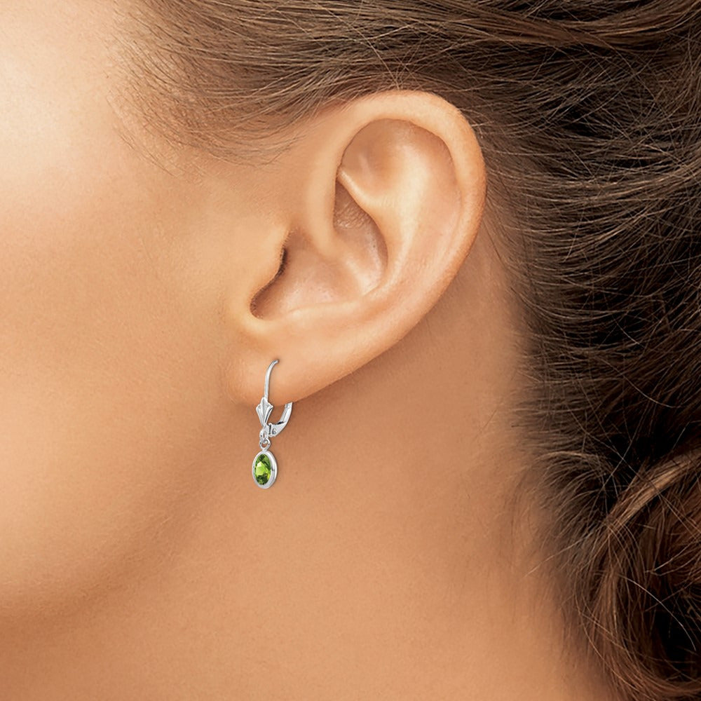 6x4 Oval Bezel August/Peridot Leverback Earrings — 14K White Gold