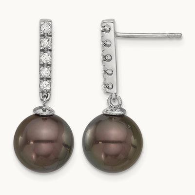 9- Round Black Tahitian Pearl .20ct Dia Earrings, 10mm, 14K White Gold