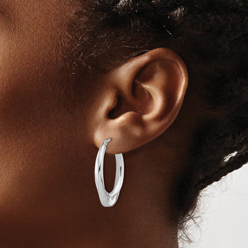 Polished Hollow Oval Twist Hoop Earrings — 14K White Gold