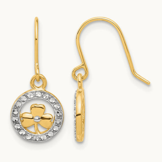 D/C Clover in Circle Dangle Earrings, 14K with White Rhodium