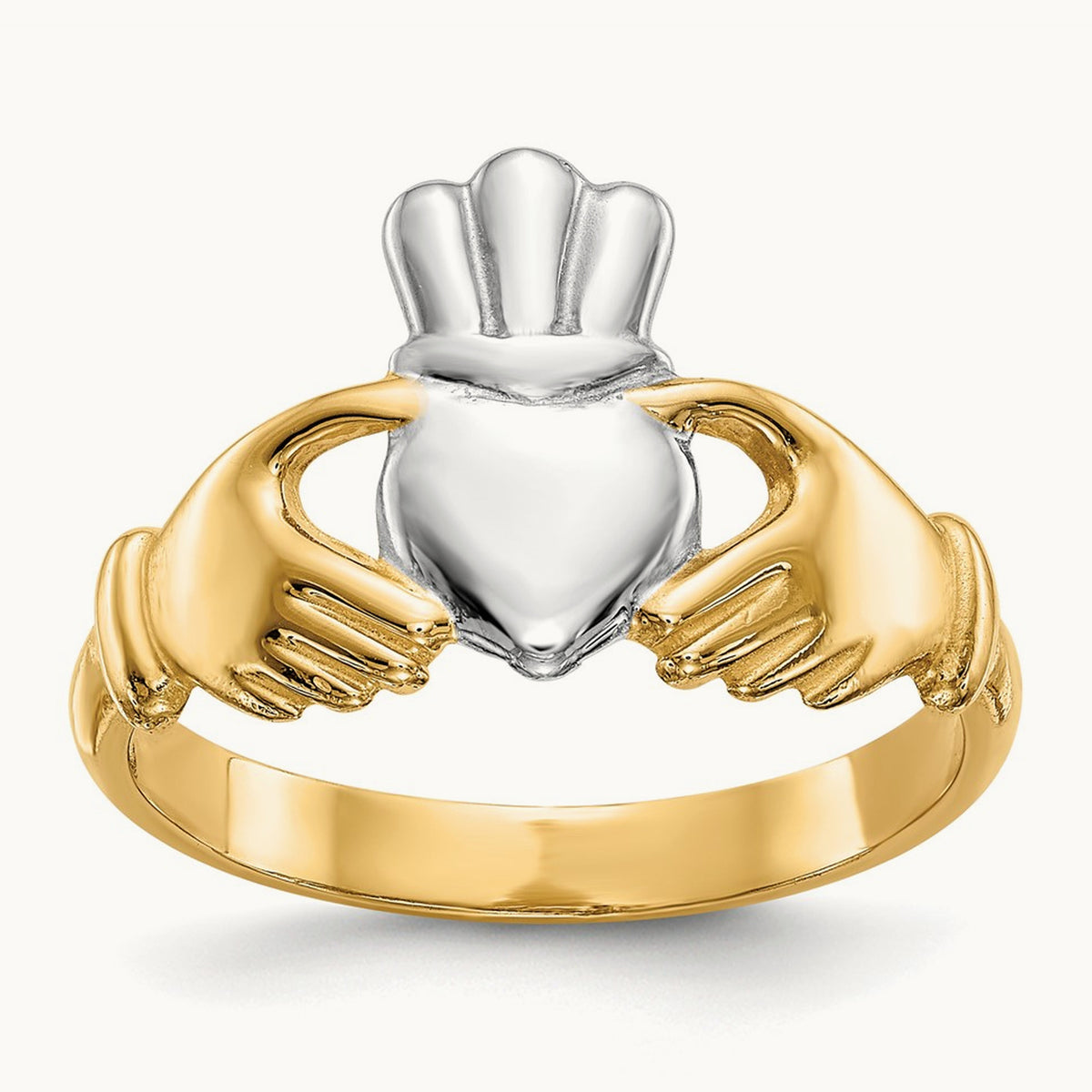 Polished and Rhodium Claddagh Ring, 14K