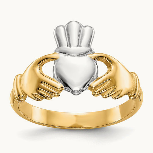 Polished and Rhodium Claddagh Ring, 14K