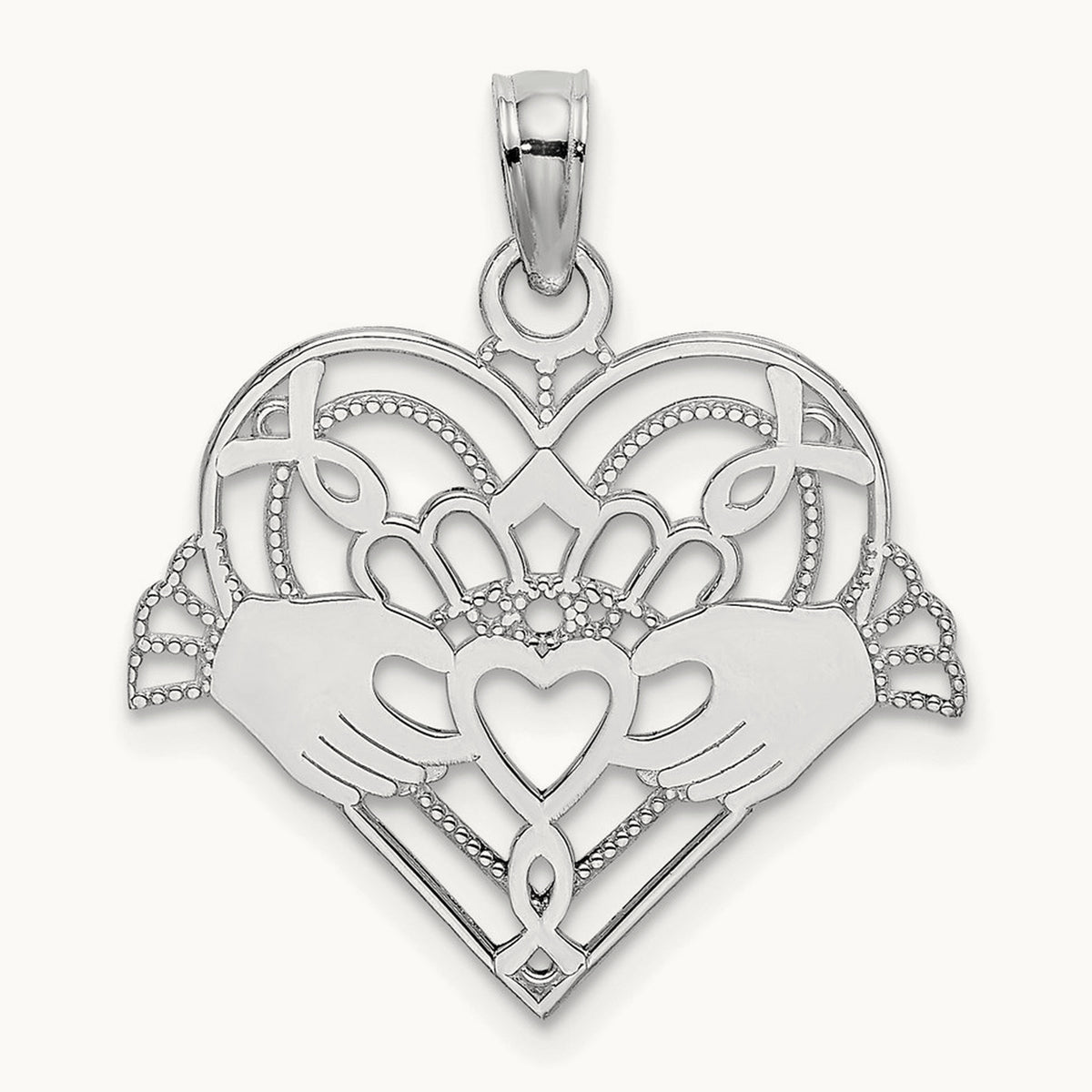 Polished and Beaded Claddagh In Heart Charm — 14K White Gold