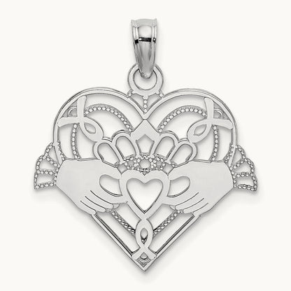 Polished and Beaded Claddagh In Heart Charm — 14K White Gold