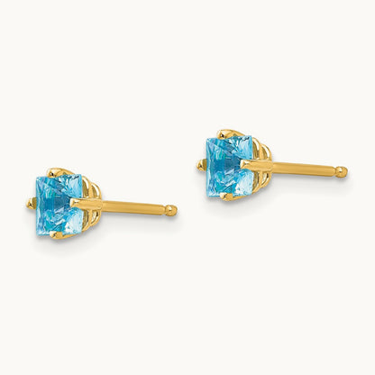 Princess Cut Blue Topaz Earrings, 4mm, 14K