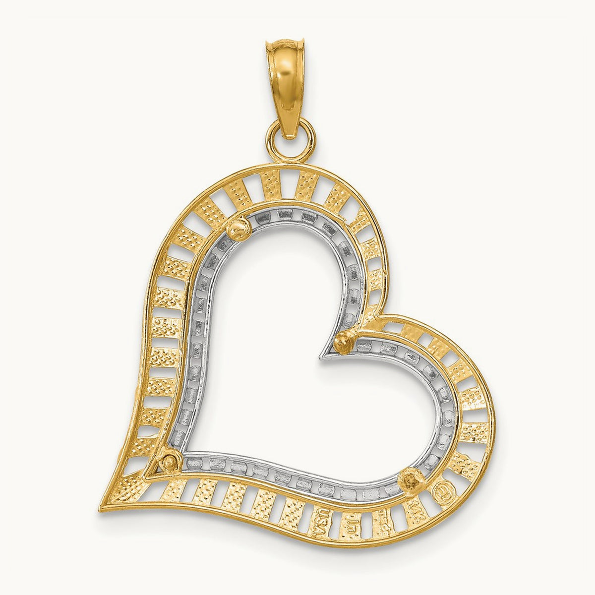 w/ Rhodium Diamond-cut Large Tilted Heart Charm, 14K