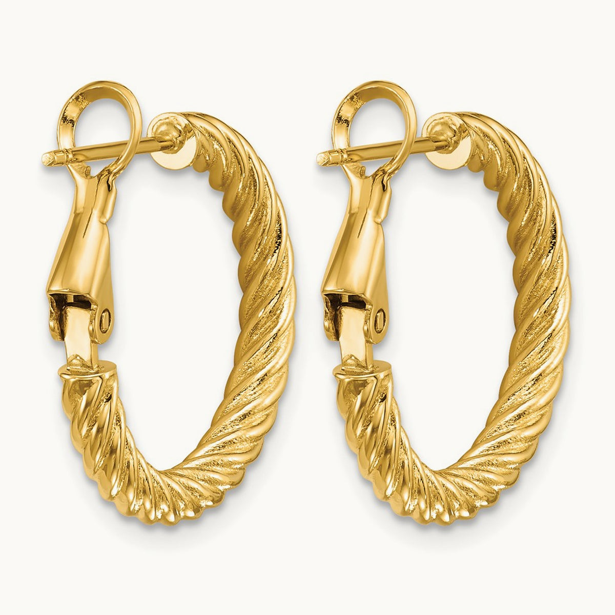 Twisted Round Hoop Earrings — 14K Yellow Gold, 3x21mm