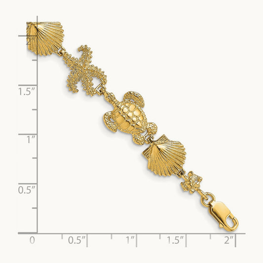Polished Turtle, Shell and Starfish Bracelet, 14K