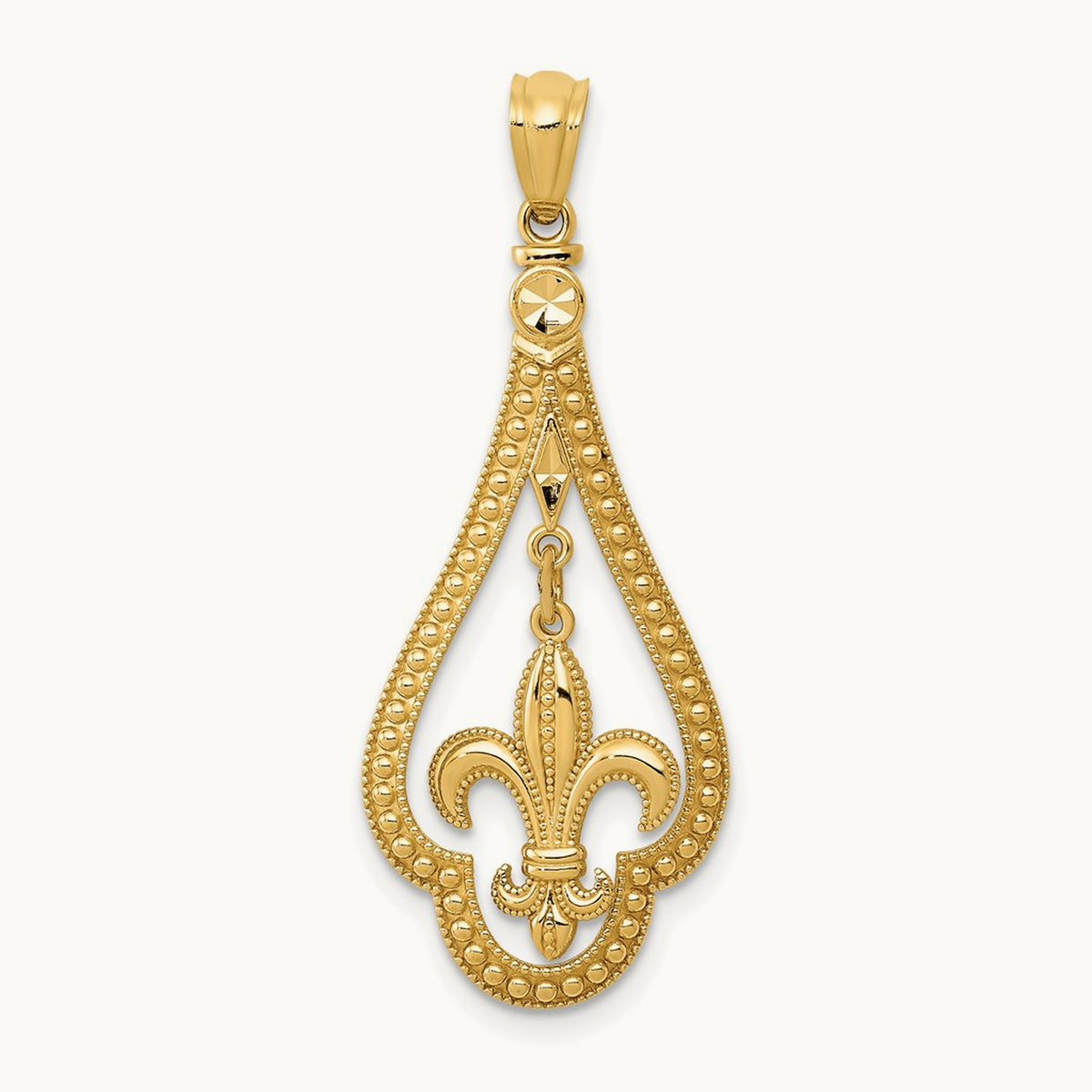 Diamond-cut Polished Fleur de Lis Dangle Pendant, 14K