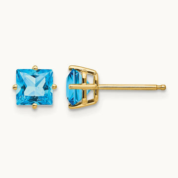 Princess Cut Blue Topaz Earrings, 5mm, 14K