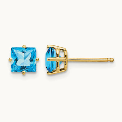 Princess Cut Blue Topaz Earrings, 5mm, 14K
