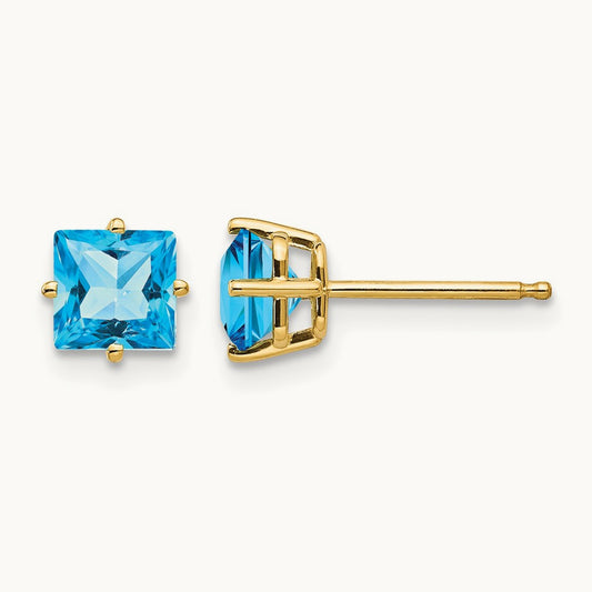 Princess Cut Blue Topaz Earrings, 5mm, 14K