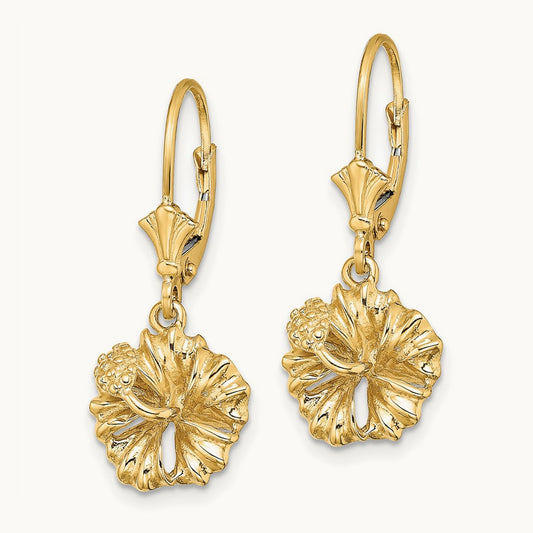 2-D Textured Hibiscus Flower Leverback Earrings, 14K