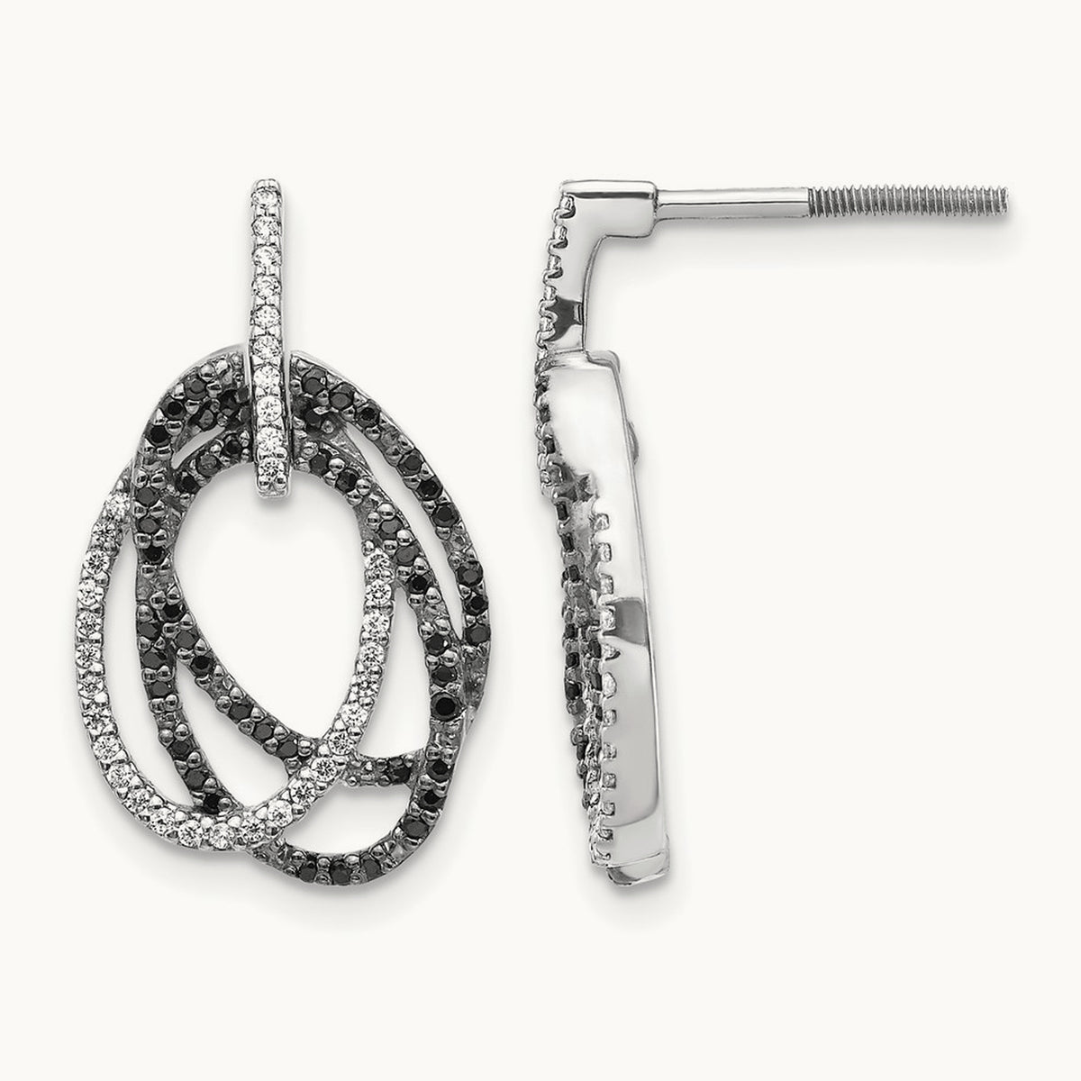 White and Black Diamond Ovals Dangle Post Earrings, 14K White Gold