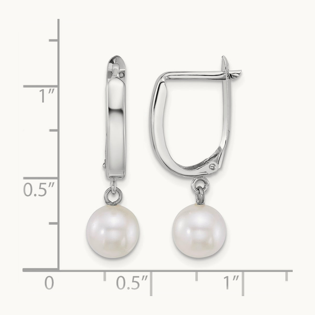 WG 7- Round White FW Cultured Pearl Dangle Hoop Earrings, 8mm, 14K