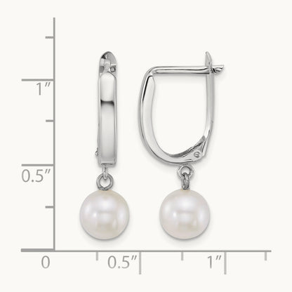 WG 7- Round White FW Cultured Pearl Dangle Hoop Earrings, 8mm, 14K
