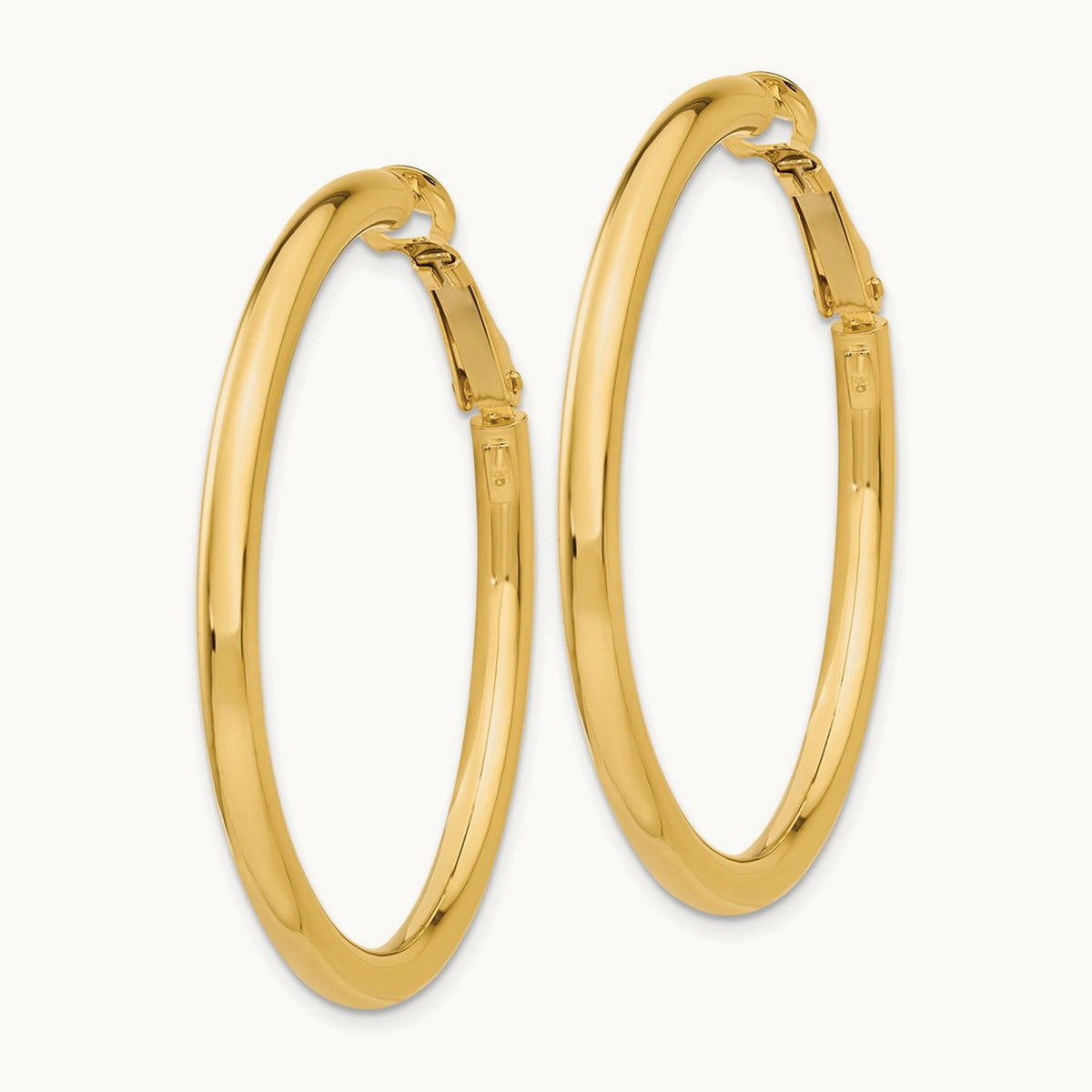 Polished Round Omega Back Hoop Earrings — 14K Yellow Gold, 3x41mm