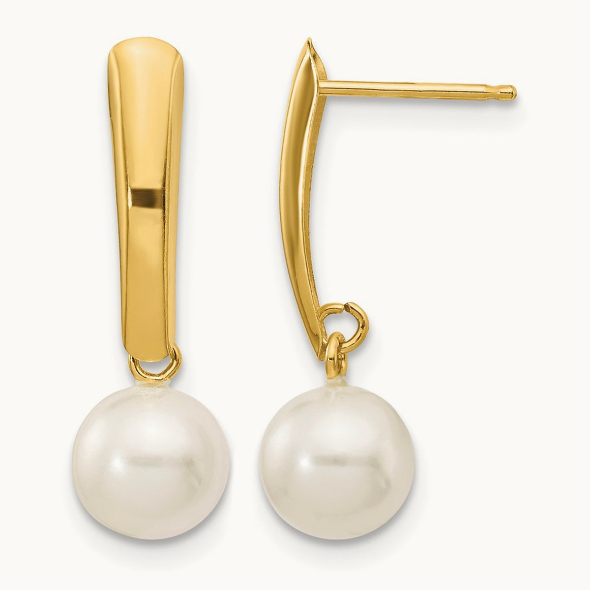 6- White Round Freshwater Cultured Pearl Post Dangle Earrings, 7mm, 14K