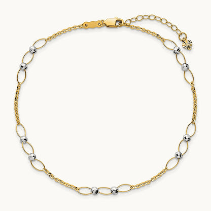 Polished Oval Link Beads 9in Plus 1in ext. Anklet, 14K Two-tone