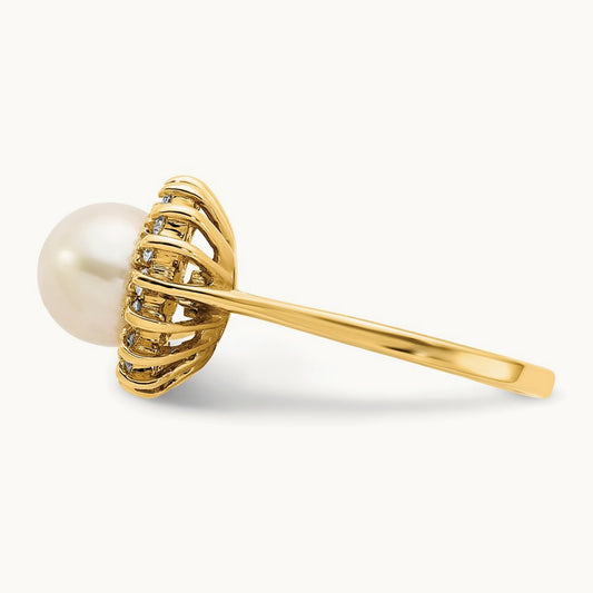 FW Cultured Pearl AA Diamond ring, 7.5mm, 14K