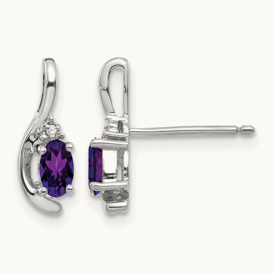 Amethyst and Diamond Post Earrings — 14K White Gold