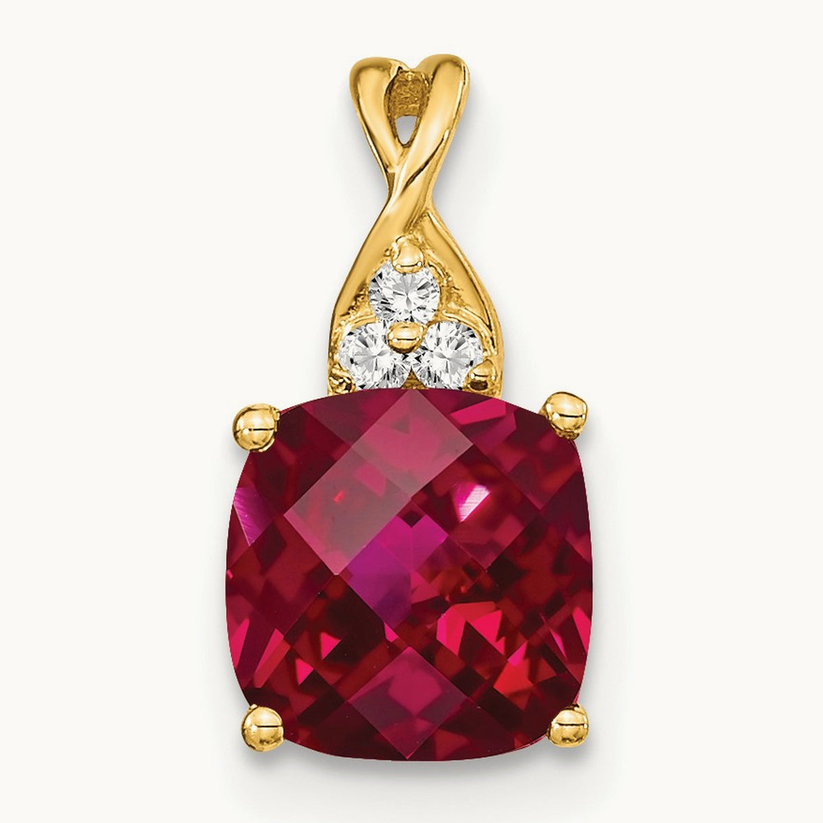 Checkerboard Created Ruby and Lab-Grown Diamond Pendant — 14K Yellow Gold