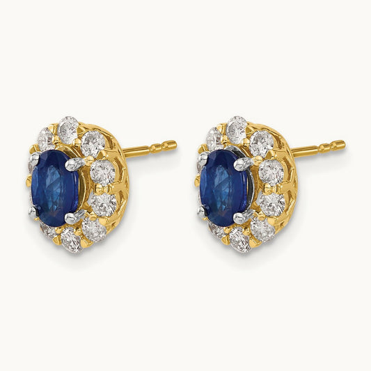 Oval Sapphire and Diamond Halo Post Earrings, 14K