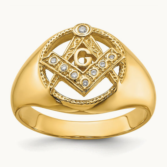 Men's Polished and Textured AA Quality Diamond Masonic Ring, 14K
