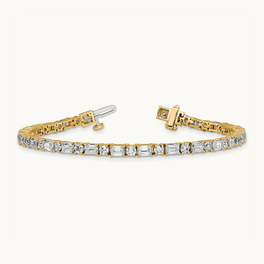 Emerald/Round Tennis Bracelet, 7.00 ct tw Lab-Grown Diamond — 14K Yellow Gold