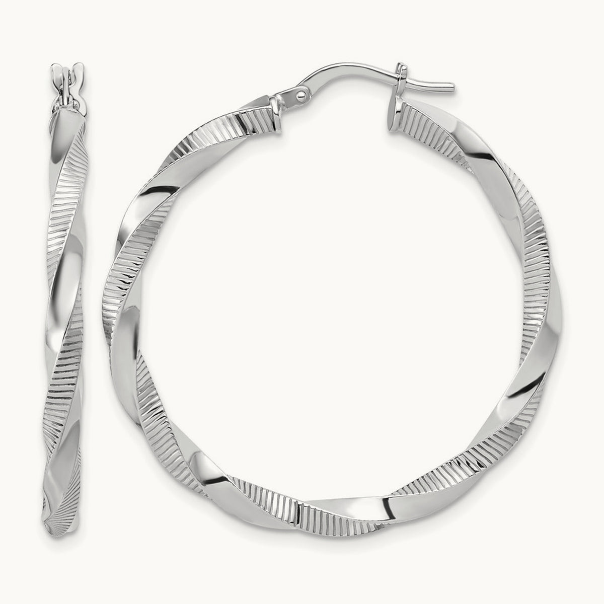 Rhodium-plated Twisted Textured Hoop Earrings — 38mm