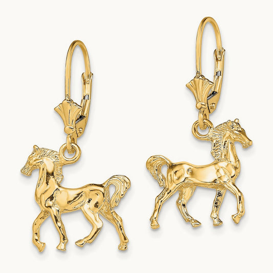 3-D Polished Leverback Horse Earrings, 14K